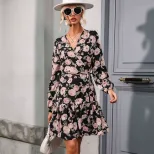 Vintage Floral Ruffle Hem Dress Lantern Sleeve V Neck Autumn Style Perfect for Casual Outings OE