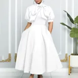Summer Womens Short Sleeve Bow Tie A Line Party Dress Elegant Design Comfortable Fabric Versatil