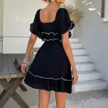 Black French Square Neck Ruffled Short Sleeve Dress Color Block Waist Cinching A Line Silhouette