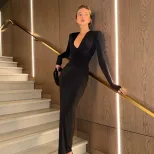 Elegant V Neck Maxi Dress Slim Fit Solid Color Fashionable Design Ideal for Parties and Events W