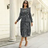 Vintage Leopard Print Ruffle Sleeve Long Sleeve Dress for Women in Apricot Autumn Winter Wholesale low MOQ
