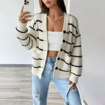 Womens Loose Fit Striped Knit Cardigan V Neck Long Sleeve Soft Fabric Spring Summer Fashion Whol