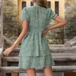 Summer Floral Cake Dress Waist Defined Bow Detail Green Color Perfect for Parties and Casual Out