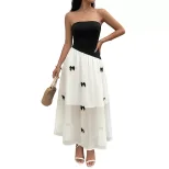 French Style Black and White Color Block Strapless Dress with Bow Detail Sweet and Chic Design f
