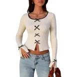 Knit Long Sleeve Top Cream Color Striped Design Bow Detail Elegant Layering for Spring and Summe