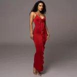 Fashionable Slim Fit Solid Color Ruffled Hem High Waist Maxi Dress for Women Elegant Sleeveless