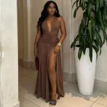 Sleeveless Deep V Neck Split Back Dress Solid Color High Slit Waist Defining Elegant Style Perfe