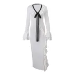 V Neck Ruffled Design Dress Sexy Elegant Long Sleeve Split Hem Winter Collection Wholesale Avail