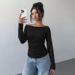 V Neck Long Sleeve Ribbed Knit Top Soft Fabric Slim Fit Solid Color Casual Wear for Women Wholes