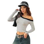 Striped Off Shoulder Long Sleeve T Shirt for Women Slim Fit Sexy Short Length Fall Layering Top