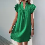 Summer Casual Loose Straight Dress Stand Collar Solid Color Comfortable Fabric Vacation Wear Who