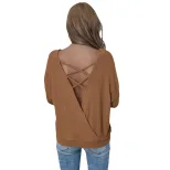 Womens Loose Casual Sexy Backless Long Sleeve T Shirt Spring Summer Waffle Fabric Comfortable Fi