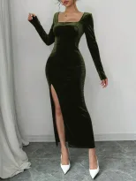 Velvet Maxi Dress High Waist Sexy Split Long Sleeve Square Neck Spring Summer Fashion Wholesale
