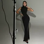 Sleeveless High Neck Bodycon Dress Solid Color Mermaid Hem Elegant Fit Perfect for Parties and F