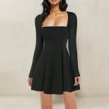 Elegant Black A Line Dress for Women Long Sleeve Lace Trim Slim Fit French Style for Spring and