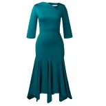 Elegant High Waisted Asymmetrical Dress Fashionable Slant Neck Three Quarter Sleeves Suitable fo