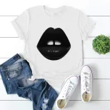 Plus Size Womens Black Short Sleeve T Shirt Lips Print Round Neck Fitted Style Casual Wear Whole