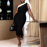 Elegant Womens Color Block Bodycon Dress Sleeveless Asymmetrical Shoulder Flowing Ribbons Perfec