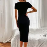 Black Bodycon Midi Dress Elegant Split Design Comfortable Fabric Versatile for Work or Casual We