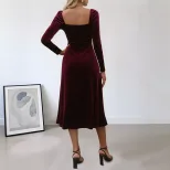 Vintage Style Red Velvet Evening Dress with Square Neckline and Side Slit for Women Wholesale Low MOQ