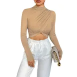 Elegant Womens Cropped T Shirt Slim Fit Half High Neck Long Sleeve Solid Color Summer Casual Wea