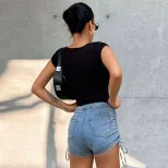 V Neck Ruched Slim Fit T Shirt Stretchy Cropped Solid Color Short Sleeve Summer Casual Wear Whol