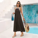 Bohemian Maxi Dress Loose Fit Lace Trim Halter Neck Summer Vacation Style Wholesale Available