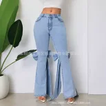High Waisted Flared Jeans Vintage Style 3D Bow Detail Slim Fit Stretch Fabric Casual Wear Wholes