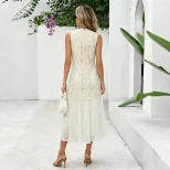 French Style Sleeveless Midi Dress Embroidered Jacquard Pleated Design Unique Aesthetic Summer F