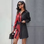 Color Block Long Sleeve Shirt Dress for Women in Black Casual Autumn Winter Style