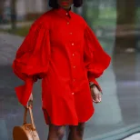 Plus Size Womens Casual Long Sleeve Shirt Dress Loose Fit Solid Color Puff Sleeves Everyday Wear