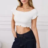 Womens Short Sleeve Ruched Top Off Shoulder Slim Fit Bust Enhancing Design Casual Wear for Summe