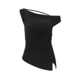 Off Shoulder T Shirt Fashionable Design Irregular Hem Solid Color Summer Casual Wear for Women W