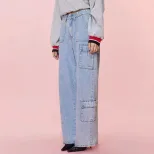 High Waisted Wide Leg Denim Trousers Loose Fit Utility Pockets Casual Style Womens Fashion Ready