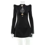 Fashionable Womens Hollow Out Dress Sexy Shoulder Pads Solid Color Waist Defining Design Autumn