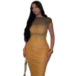 Color Block Gradient Ruched Bodycon Dress Elegant Long Silhouette Round Neck Slim Fit Perfect fo