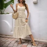 Layered Striped Midi Dress French Vacation Style Sleeveless Comfortable Fabric Perfect for Summe