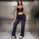 High Waisted Fashion Denim Straight Leg Pants Rhinestone Embellished Casual Style Womens Apparel