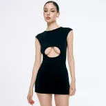 Summer Womens Dress Elegant Solid Color Hollow Chest Design High Elasticity Slim Fit Sleeveless