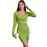 Womens Bodycon Mini Dress Two Piece Look Ruched Design Long Sleeve Knitted Fabric Perfect for Pa