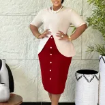 Elegant Round Neck Color Block Bodycon Dress Short Sleeve Fashionable Design Perfect for Parties
