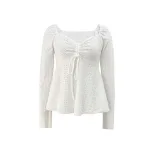 Elegant Womens Long Sleeve Top Solid Color U Neck Lace Trim Tie Detail Winter Fashion Wholesale