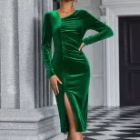 Velvet Midi Dress Long Sleeve V Neck Pleated Design Elegant Casual for Autumn Winter Wholesale A