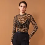 Womens Sheer Long Sleeve T Shirt Leopard Print Round Neck Lightweight Fabric Summer Fashion Whol