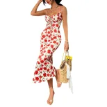 Vintage French Style Floral Print Tie Waist Maxi Dress Slim Fit Sleeveless Beach Vacation Wholes