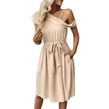 Asymmetrical Off Shoulder Dress Elegant Solid Color Jacquard Fabric Lightweight Perfect for Part