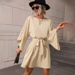 Womens Long Sleeve Dress Round Neck Elastic Waist Short Skirt Elegant Style for Casual Occasions
