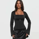 Black Womens Top Unique Design Square Neckline M Shaped Metal Buckle Ruffled Details Slim Fit Lo
