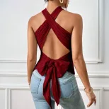 Summer Sleeveless Knit T Shirt Cross Neck Tie Design Solid Color Sexy Style Casual Wear for Wome