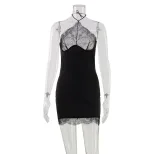 Backless Lace Panel Bodycon Dress Sexy Slim Fit Halter Neck Black Evening Wear Cocktail Party Wh